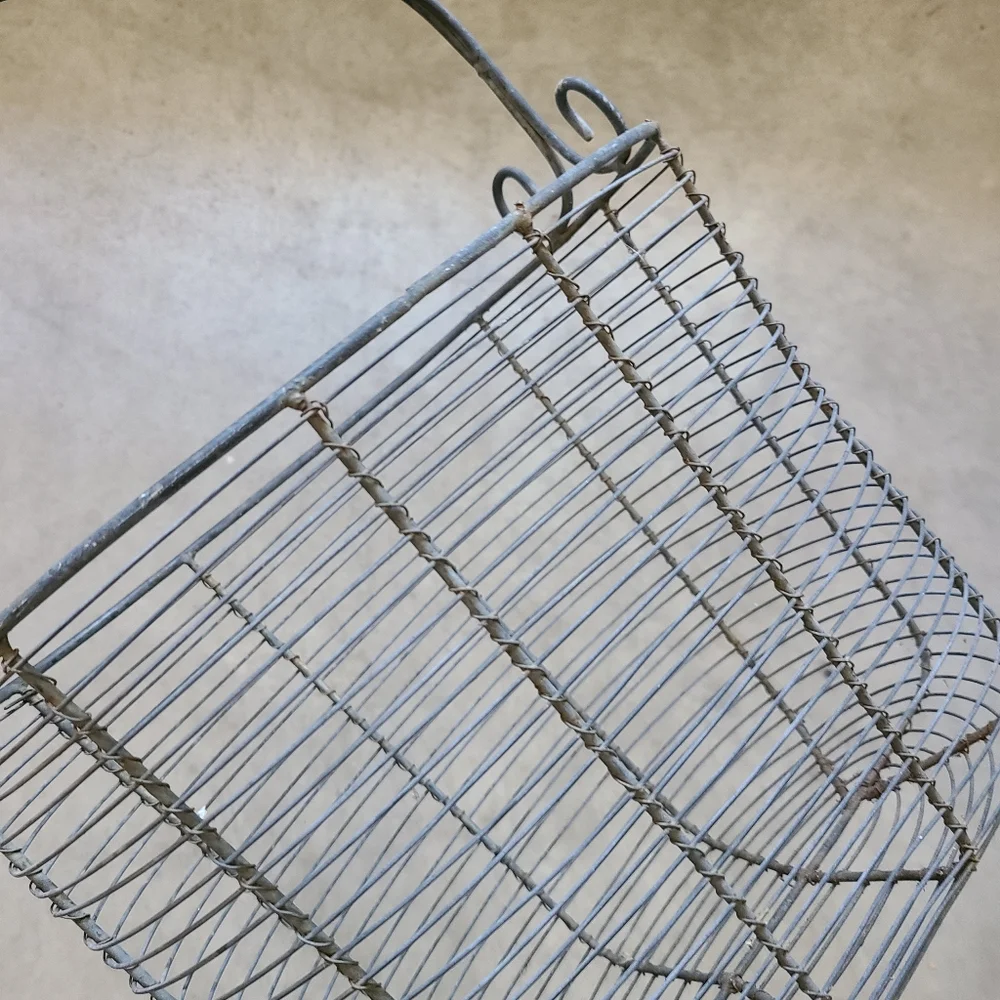 French Farmhouse Vintage Metal Wire Tall Basket Oval Handle Boho Cottage Country